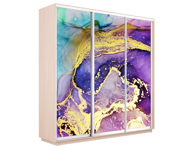 Шкаф-купе Экспресс 3-х дверный (Фото №1018 Абстракция фиолетово-золотая), Дуб молочный